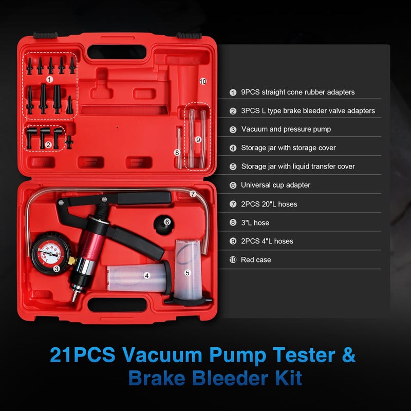 YSTOOL Hand Held Vacuum and Pressure Pump Brake Clutch Fluid Bleeder Tool Kit Oil Change Power Steering Fluid Bleeding Set with Pressure Gauge Jar Adapters for Auto Car Truck Motorcycle Use - Image 3